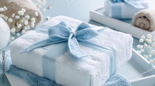 A luxurious spa-themed gift box in serene blue and white tied with a soft
