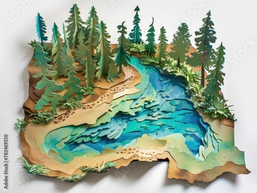 A paper art piece focusing on the footprint left by human activity on natural landscapes