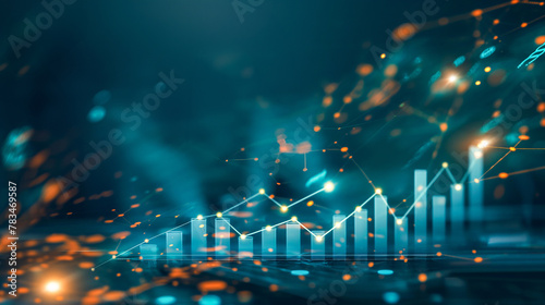 Digital economy visualized with rising graphs and currency, techno-financial environment.	