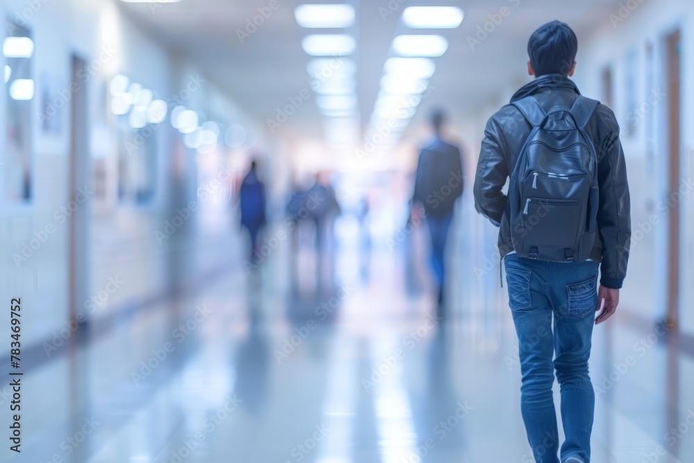 Group of students walking along the corridor at college. People on the background of a blurred corridor of a public building. Group of students walking along the corridor at college. People on the background of a blurred corridor of a public building.