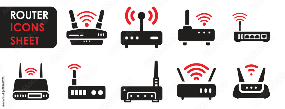 Router icon set. Black and red color. Vector illustration. Containing ...