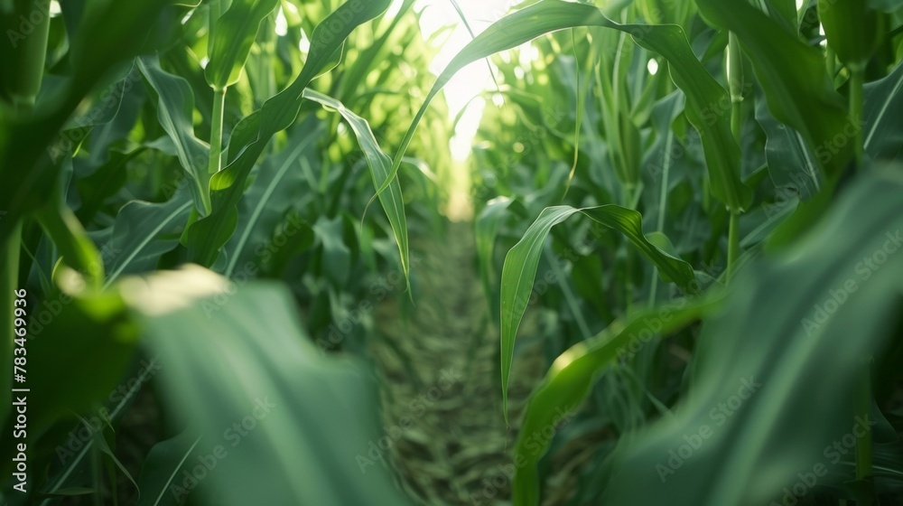 Rows of tall leafy stalks sway in a gentle summer breeze providing a visual reminder of the hard work and dedication that goes into biofuel crop production. . - obrazy, fototapety, plakaty 