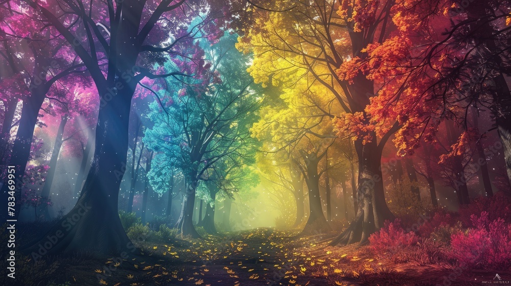 A magical forest where trees have leaves in rainbow colors