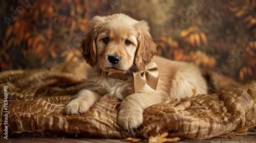 A golden retriever puppy wearing a bow playfully juxtaposing the idea of  gold  with adorable innocence