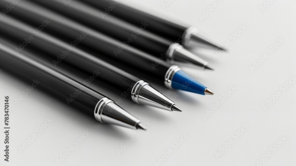Blank mockup of a set of sleek and professional exeive pens in black blue and silver . Blank mockup of a set of sleek and professional exeive pens in black blue and silver .