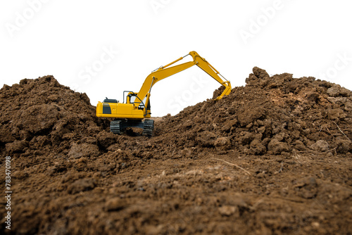 Crawler Excavator is digging soil in construction site on isolated white backgrounds.