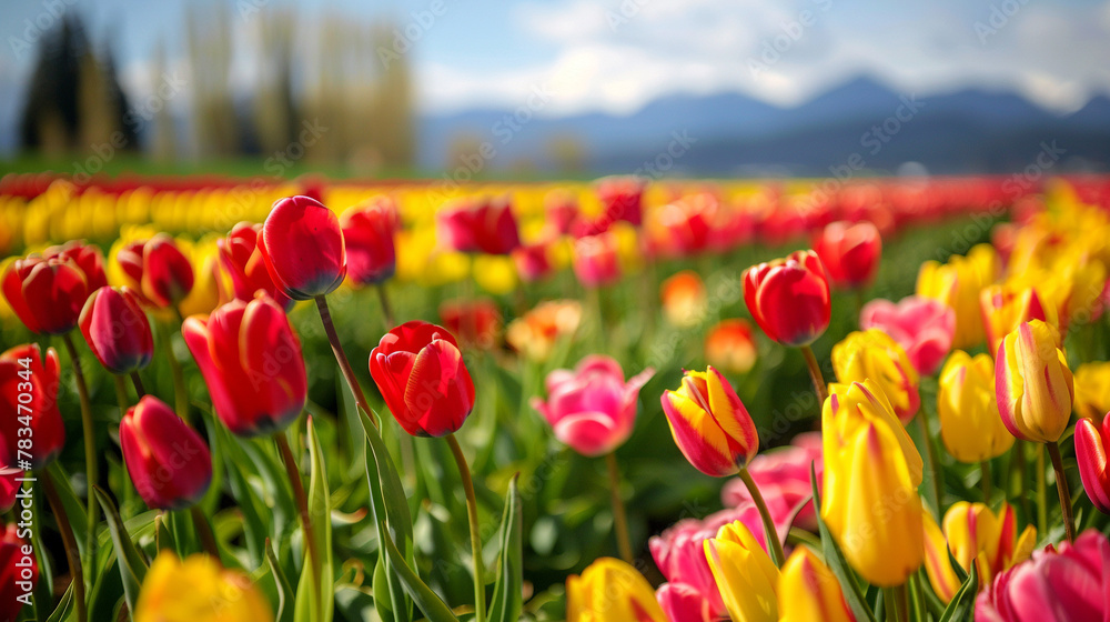Obraz premium Tulip Fields and Mountains, Vivid tulip fields with a backdrop of majestic mountains under a clear sky.