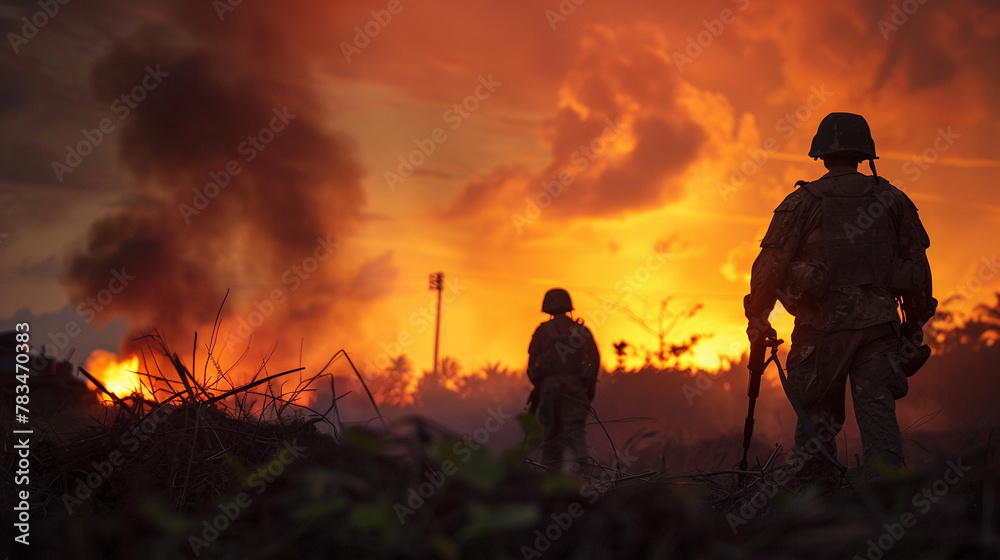 Obraz premium Battlefield Silhouettes, Soldiers silhouetted against a fiery sunset sky with smoke rising in the air.