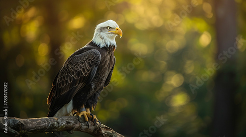 Majestic Eagle, Majestic bald eagle perched on a branch in a sunlit forest.