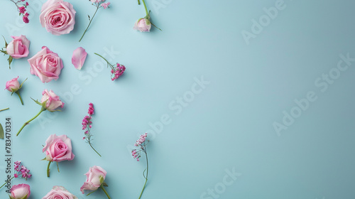 Floral Arrangement on Blue, Artistic floral arrangement of pink roses and small flowers on a blue background. © GreenMOM