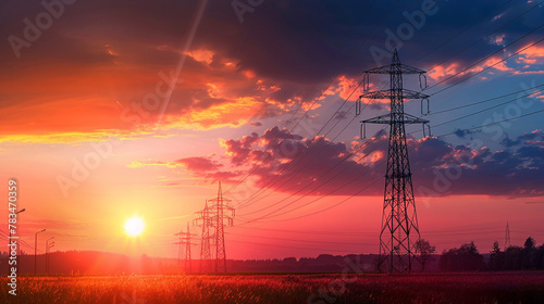 Sunset Power Lines, Sunset hues painting the sky behind silhouetted power lines in a field.