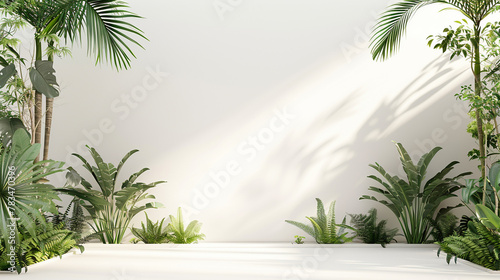 Tropical Plant Corner, 3D rendering of a sunlit corner with lush tropical plants.
