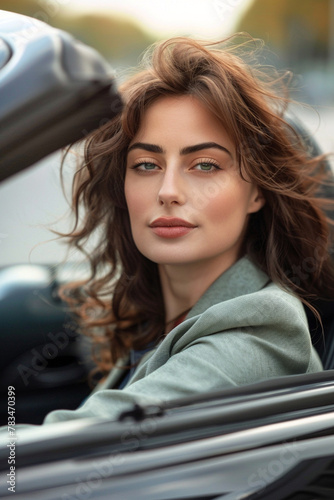 Serene Drive, Portrait of a serene woman with windswept hair in a car, embodying freedom and elegance. © GreenMOM