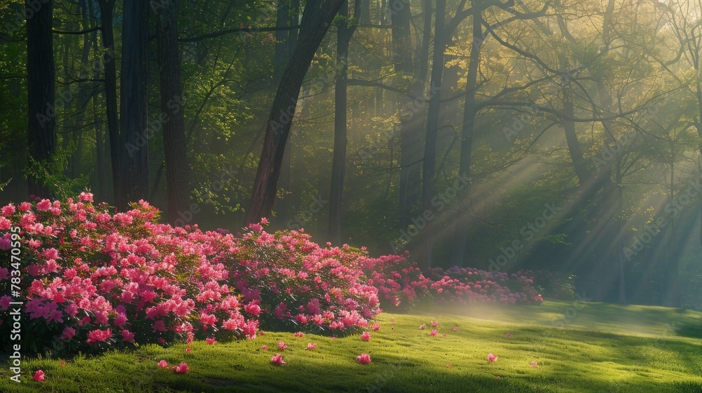 In the early morning of spring, in the park, the warm sunlight filtered through the trees and shone on the lawn, which was dotted with numerous pink flowers. - obrazy, fototapety, plakaty 