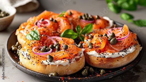 plate of smoked salmon bagel, showcasing the textures of cream cheese, capers, and red onions