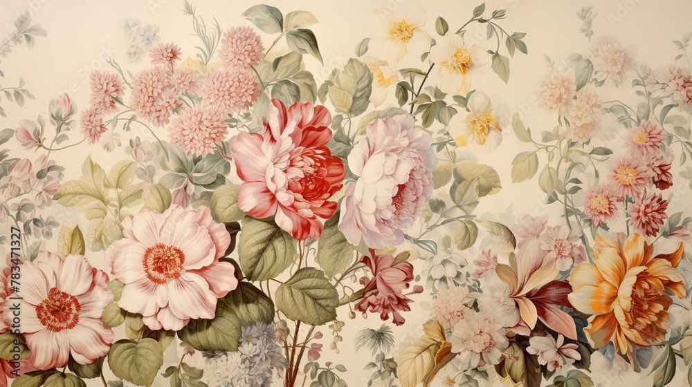 Beautiful floral vintage wallpaper. Vintage motif botanical with flowers and leaves.