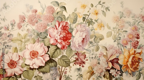 Fototapeta Naklejka Na Ścianę i Meble -  Beautiful floral vintage wallpaper. Vintage motif botanical with flowers and leaves.