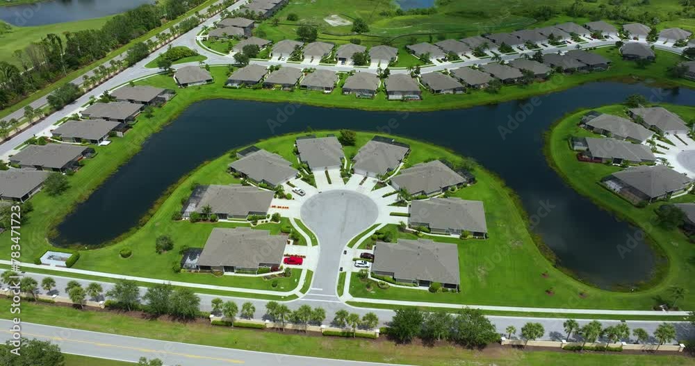 Cul de sac street dead end and private residential houses in rural suburban sprawl area in North Port, Florida. Upscale suburban homes with large waterfront backyards