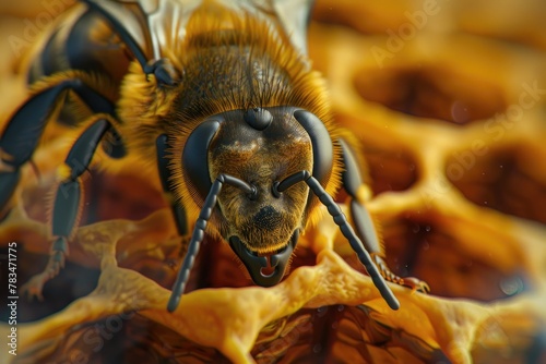 A close-up of a bee on a hexagon within a honeycomb photo