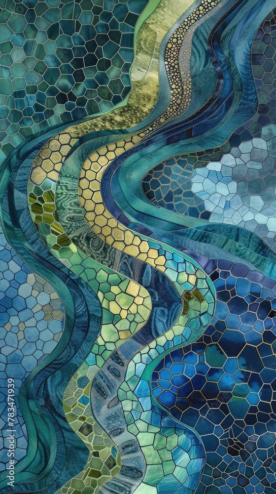 flowing river of hexagons in shades of blue and green flowing river of hexagons in shades of blue and green