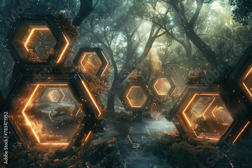 Hexagonal portals in a mystical forest