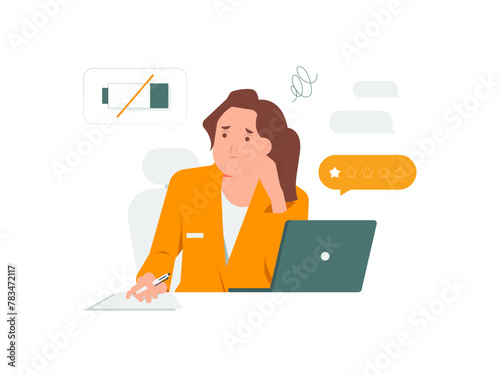 Frustrating tired female office workers employee worrying in front of a laptop, stress, tiredness, overwork concept illustration