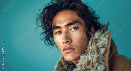 Intense gaze of attractive young native north american man with asian features photo