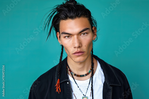 Attractive Native North American man with Asian Features on Turquoise Backdrop
