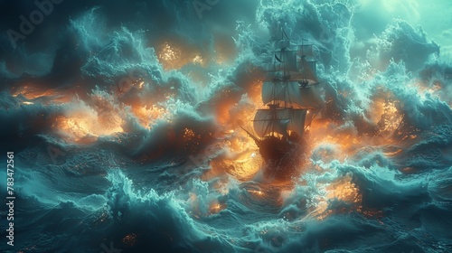 Sailors in a 3D Cartoon phosphorescent sea, battling mythical beasts with songs that calm the stormy waters photo