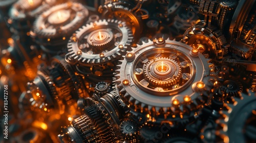 Surrealistic 3D clockwork universe, gears and cogs in space, golden hour lighting, highquality render