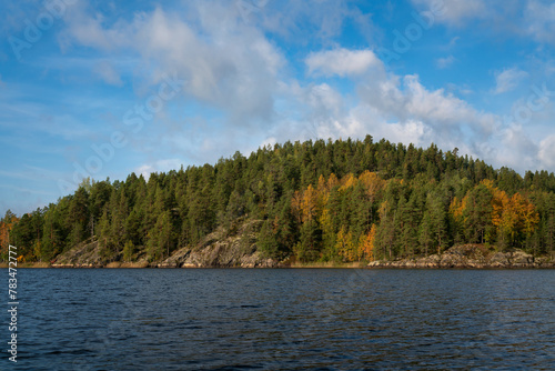Lake Ladoga near the village Lumivaara on a sunny autumn day  Ladoga skerries  Lakhdenpokhya  Republic of Karelia  Russia