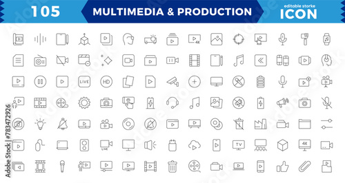 Multimedia & Production icon set. Cinema icon set. Movie sign collection. Set of cinema, movie, video icons, collection film, TV, Outline icon set collection.