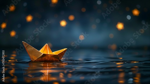 Miniature paper boat in dark water with a reflection of stars above for themes of solitude, contemplation, and the beauty of nature