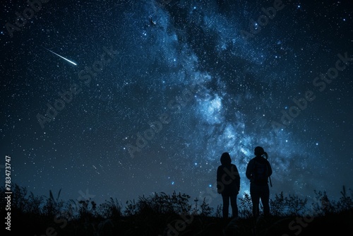 Two people observing a spectacular Milky Way galaxy on a clear night.