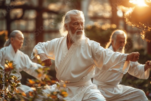 Elderly individuals perform Tai Chi in a serene garden at sunrise.
