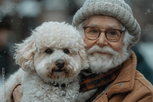 A senior with a white beard cuddles a fluffy white dog in a winter scene.