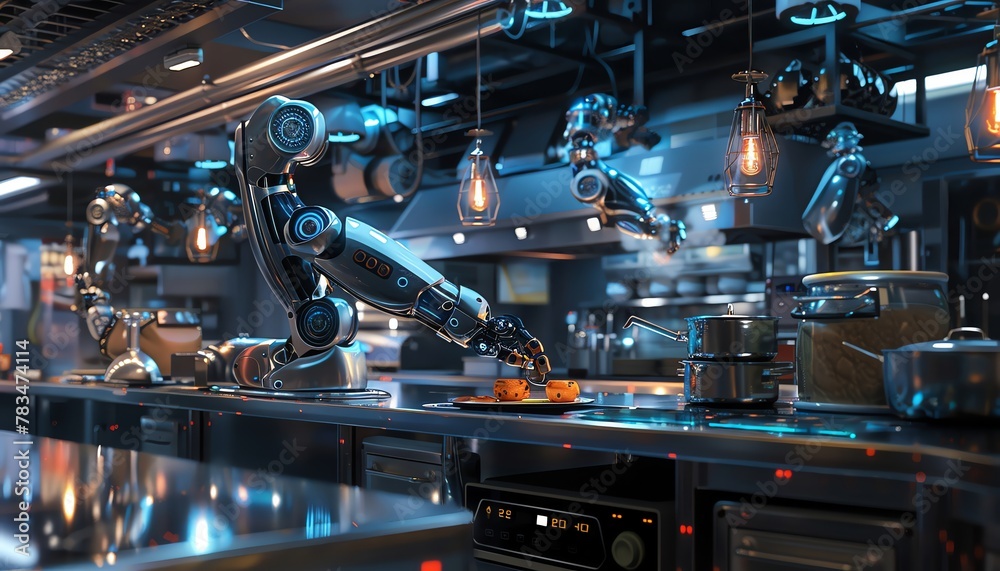 Capture a futuristic culinary scene in CG 3D rendering, showcasing robotic arms expertly cooking in a high-tech kitchen, with vibrant colors and sleek metallic textures