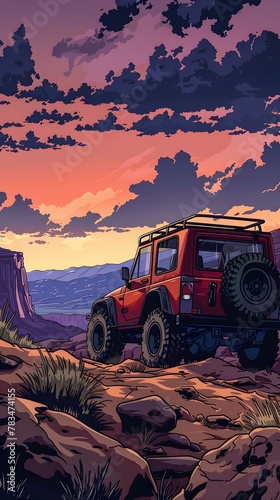 illustration of Adventure SUV with Special Wheels in the Wild Nevada Desert at Dusk