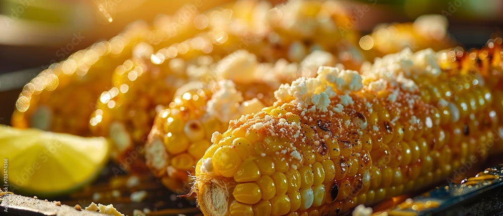 Street corn, cotija cheese, close-up, lime wedge, evening light, detailed kernels Street corn, cotija cheese, close-up, lime wedge, evening light, detailed kernels