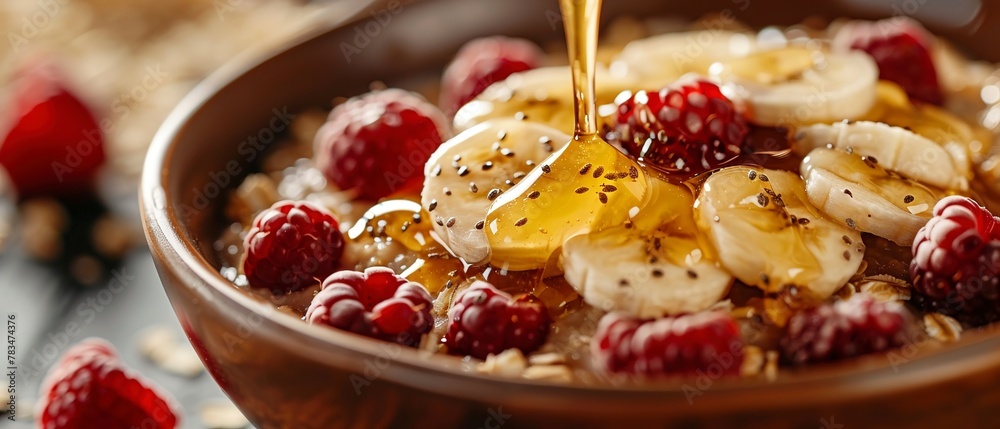 Steel-cut oats bowl, honey drizzle, close-up, fruit topping, cozy morning light, detailed texture Steel-cut oats bowl, honey drizzle, close-up, fruit topping, cozy morning light, detailed texture