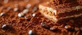 Tiramisu, cocoa powder topping, close shot, espresso soaked layers, evening light, detailed texture