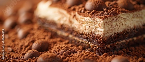 Tiramisu, cocoa powder topping, close shot, espresso soaked layers, evening light, detailed texture photo