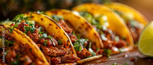 Tacos al pastor, pineapple slice, close view, vibrant colors, street night light, sharp detail