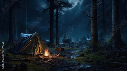 Night camping at the forest with campfire in rainy atmosphere.