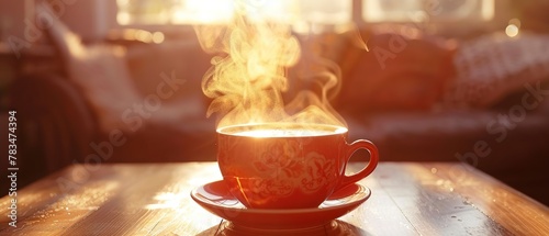 Steam rising from hot coffee, close-up, morning light, sharp focus on cup surface photo