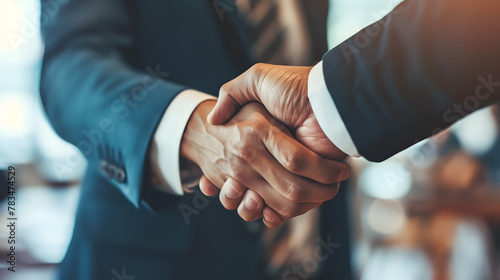 Businessman handshake close up, business The concept of success and good connection in the corporate world photo