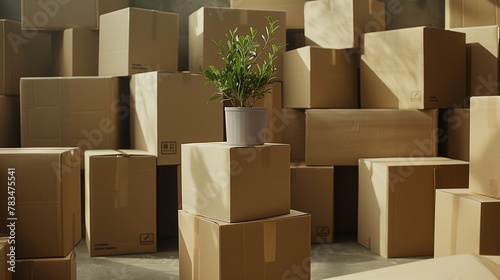 Minimalistic Cardboard Boxes with Potted Plant in a Warehouse