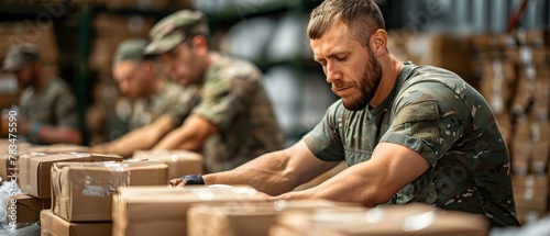 United Service: Veterans Assemble Care Packages on Memorial Day. Concept Patriotism, Volunteerism, Military Appreciation, Charity Work, Community Support