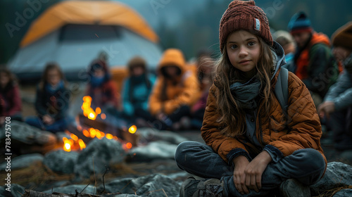 Young girl, diverse group, huddled around campfire, storytelling 