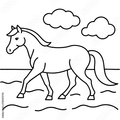         horse walks along the seashore colouring page.
